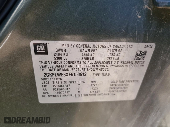 2015 GMC Terrain SLE with VIN 2GKFLWE3XF6153612, listed as a Copart auction lot 42398805 with 182,333 mi miles and Salvage Title. Bid and sale history available at DreamBid. Image 13.