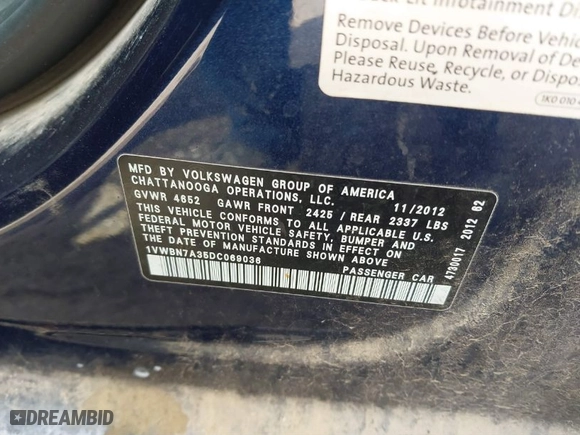 2013 Volkswagen Passat TDI SE w/Sunroof with VIN 1VWBN7A35DC069036, listed as a IAAI auction lot 41877869 with 130,242 mi miles. Bid and sale history available at carsss.com. Image 9.