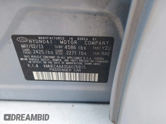 2013 Hyundai Sonata with VIN KMHEC4A43DA076815, listed as a IAAI auction lot 42164710 with 158,318 mi miles and . Bid and sale history available at carsss.com. Image 9.