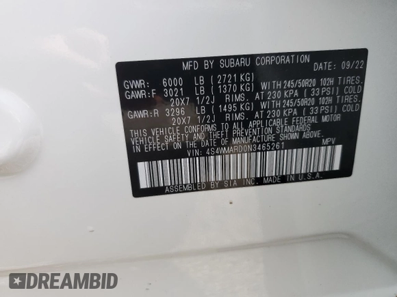2022 Subaru Ascent Touring с VIN 4S4WMARD0N3465261, выставлен на аукционе Copart как лот 51167405 с пробегом 11 215 миль миль и Списание • Salvage title. История ставок и продаж доступна на DreamBid. Изображение 15.