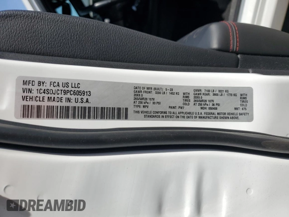 2023 Dodge Durango R/T with VIN 1C4SDJCT9PC605913, listed as a Copart auction lot 58034615 with 33,970 mi miles and Salvage title. Bid and sale history available at DreamBid. Image 13.