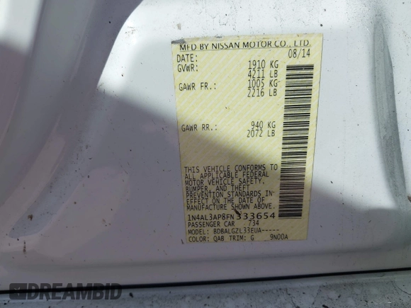 2015 Nissan Altima SL with VIN 1N4AL3AP8FN333654, listed as a IAAI auction lot 41419228 with 141,036 mi miles and . Bid and sale history available at DreamBid. Image 9.