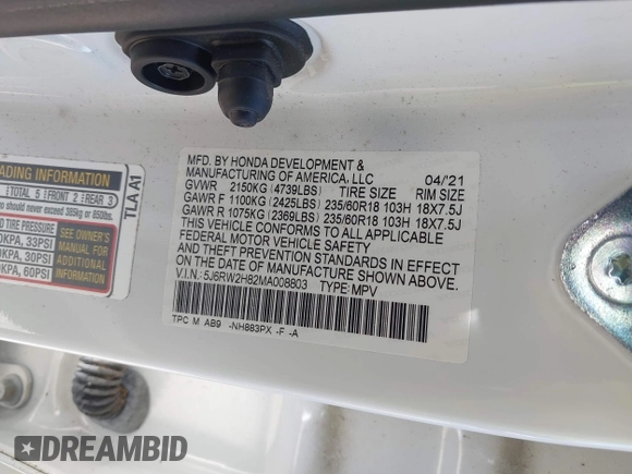 2021 Honda CR-V EX-L with VIN 5J6RW2H82MA008803, listed as a IAAI auction lot 42502922 with 15,638 mi miles and . Bid and sale history available at DreamBid. Image 9.