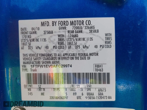 2010 Ford F-150 XL with VIN 1FTFW1EV0AFC29974, listed as a IAAI auction lot 41846975 with 289,144 mi miles and . Bid and sale history available at carsss.com. Image 9.