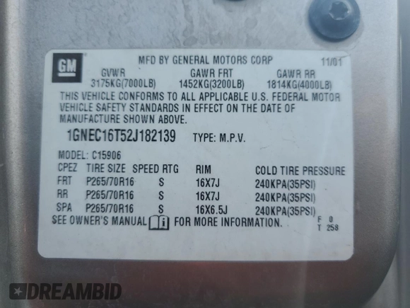 2002 Chevrolet Suburban LS with VIN 1GNEC16T52J182139, listed as a Copart auction lot 45413545 with 447,067 mi miles and Salvage Title. Bid and sale history available at carsss.com. Image 13.
