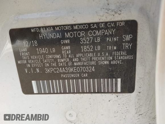 2019 Hyundai Accent SE with VIN 3KPC24A39KE070324, listed as a IAAI auction lot 41768121 with 62,500 mi miles. Bid and sale history available at carsss.com. Image 9.