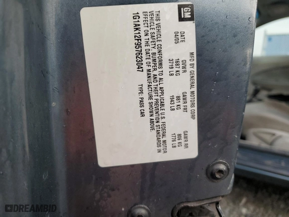 2005 Chevrolet Cobalt with VIN 1G1AK12F957623047, listed as a Copart auction lot 50059225 with 0 mi miles and Salvage Title. Bid and sale history available at carsss.com. Image 13.