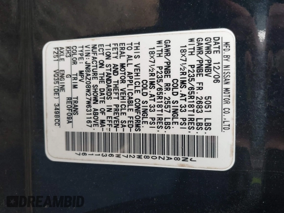 2007 Nissan Murano S with VIN JN8AZ08W27W631167, listed as a IAAI auction lot 41774009 with 88,742 mi miles and . Bid and sale history available at DreamBid. Image 9.