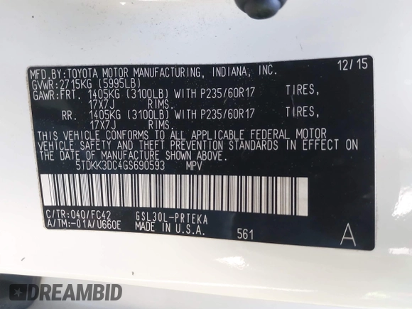 2016 Toyota Sienna LE AAS z VIN 5TDKK3DC4GS690593, wystawiony jako IAAI lot #42134347 z przebiegiem 175 063 mil mil oraz . Historia ofert i sprzedaży dostępna na DreamBid. Obrazek 9.