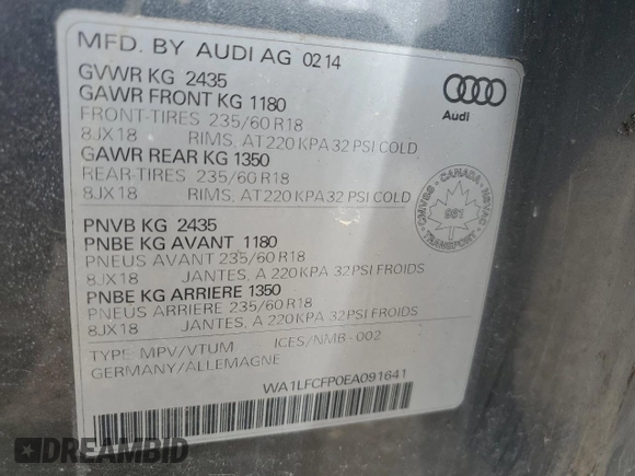 2014 Audi Q5 Progressiv with VIN WA1LFCFP0EA091641, listed as a Copart auction lot 64842565 with 103,483 mi miles and Salvage title. Bid and sale history available at DreamBid. Image 13.