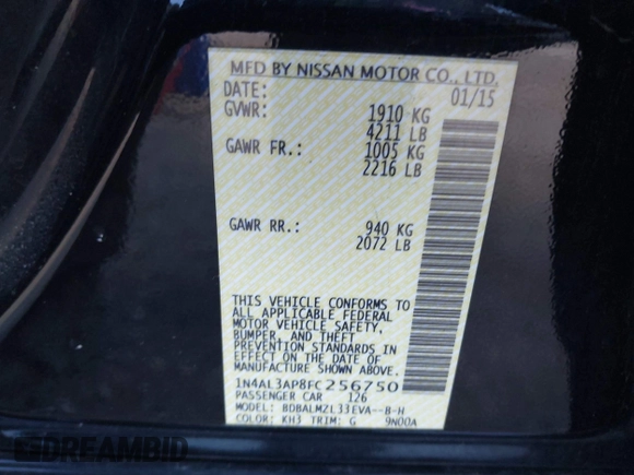 2015 Nissan Altima SV z VIN 1N4AL3AP8FC256750, wystawiony jako IAAI lot #41715571 z przebiegiem 166 280 mil mil oraz . Historia ofert i sprzedaży dostępna na DreamBid. Obrazek 9.