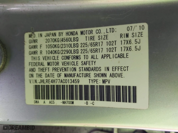 2010 Honda CR-V EX-L with VIN JHLRE4H77AC013459, listed as a IAAI auction lot 41589640 with 102,985 mi miles. Bid and sale history available at carsss.com. Image 9.
