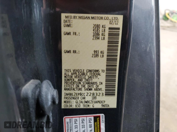 2012 Nissan Altima 3.5 SR with VIN 1N4BL2EP8CC228323, listed as a Copart auction lot 51112665 with 101,640 mi miles and Salvage Title. Bid and sale history available at carsss.com. Image 13.