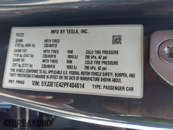 2023 Tesla Model 3 z VIN 5YJ3E1EA2PF404614, wystawiony jako IAAI lot #42009539 z przebiegiem 22 105 mil mil oraz . Historia ofert i sprzedaży dostępna na DreamBid. Obrazek 9.
