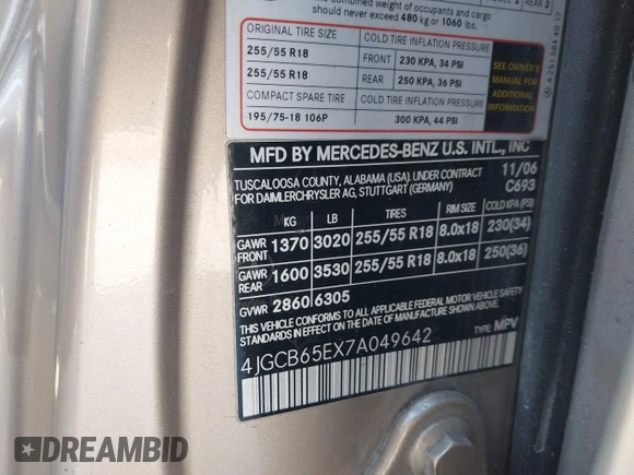 2007 Mercedes-Benz R 3.5L с VIN 4JGCB65EX7A049642, выставлен на аукционе IAAI как лот 41868128 с пробегом 145 587 миль миль и . История ставок и продаж доступна на DreamBid. Изображение 9.