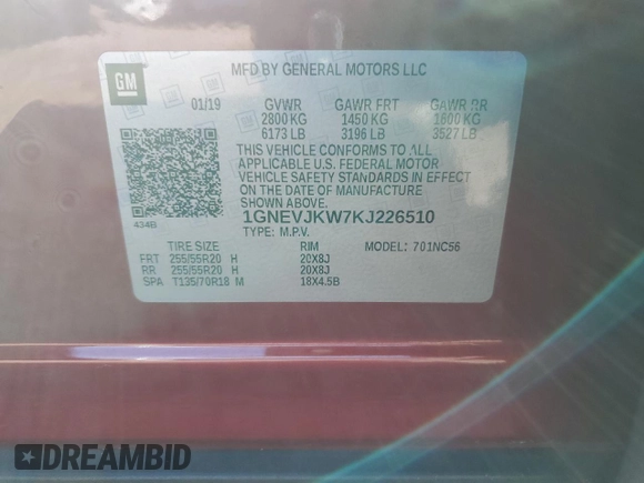 2019 Chevrolet Traverse RS with VIN 1GNEVJKW7KJ226510, listed as a Copart auction lot 46842685 with 108,426 mi miles and Salvage Title. Bid and sale history available at carsss.com. Image 13.
