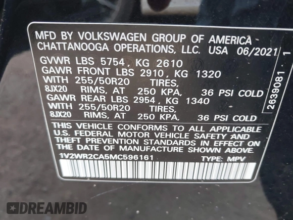 2021 Volkswagen Atlas SE с VIN 1V2WR2CA5MC596161, выставлен на аукционе IAAI как лот 42131403 с пробегом 46 759 миль миль и . История ставок и продаж доступна на DreamBid. Изображение 9.