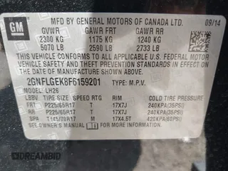 2015 Chevrolet Equinox LT with VIN 2GNFLGEK8F6159201, listed as a IAAI auction lot 41900662 with 138,507 mi miles. Bid and sale history available at carsss.com. Image 9.