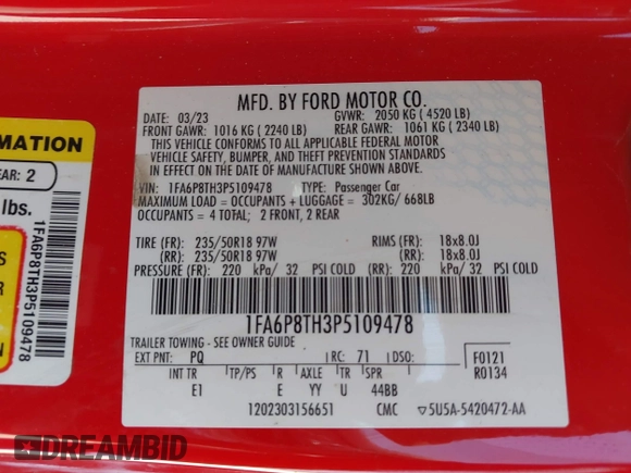 2023 Ford Mustang EcoBoost z VIN 1FA6P8TH3P5109478, wystawiony jako IAAI lot #41977565 z przebiegiem 38 475 mil mil oraz . Historia ofert i sprzedaży dostępna na DreamBid. Obrazek 9.