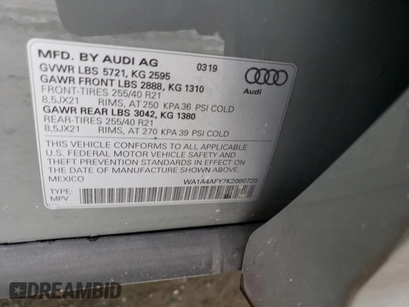 2019 Audi SQ5 Premium with VIN WA1A4AFY7K2080720, listed as a Copart auction lot 69839522 with 32,299 mi miles and . Bid and sale history available at DreamBid. Image 12.