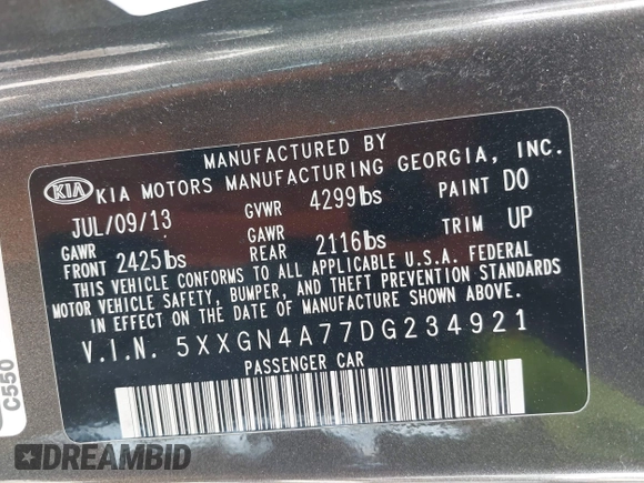 2013 Kia Optima EX with VIN 5XXGN4A77DG234921, listed as a IAAI auction lot 41823669 with 168,460 mi miles. Bid and sale history available at carsss.com. Image 9.