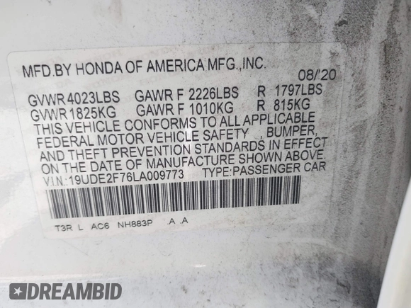2020 Acura ILX w/Premium Pkg with VIN 19UDE2F76LA009773, listed as a IAAI auction lot 41902574 with 65,249 mi miles. Bid and sale history available at carsss.com. Image 9.