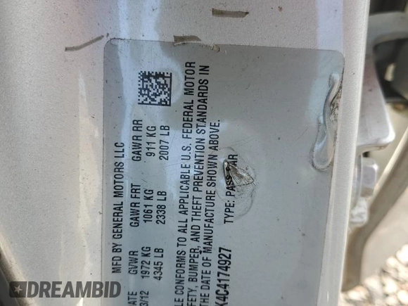 2012 Buick Verano z VIN 1G4PP5SK4C4174927, wystawiony jako Copart lot #63293075 z przebiegiem 221 985 mil mil oraz Szkoda całkowita • Salvage title. Historia ofert i sprzedaży dostępna na DreamBid. Obrazek 12.