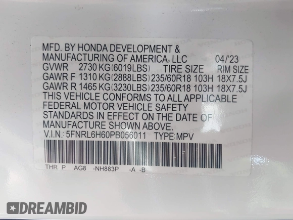 2023 Honda Odyssey EX-L с VIN 5FNRL6H60PB056011, выставлен на аукционе IAAI как лот 42524358 с пробегом Не указан миль и . История ставок и продаж доступна на DreamBid. Изображение 9.