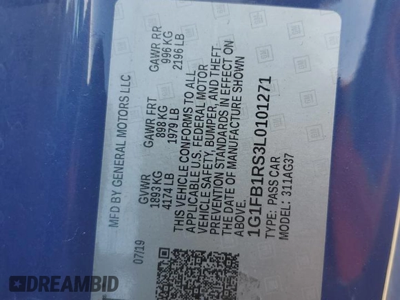 2020 Chevrolet Camaro 1LT with VIN 1G1FB1RS3L0101271, listed as a Copart auction lot 89095855 with 40,211 mi miles and Salvage title. Bid and sale history available at DreamBid. Image 12.