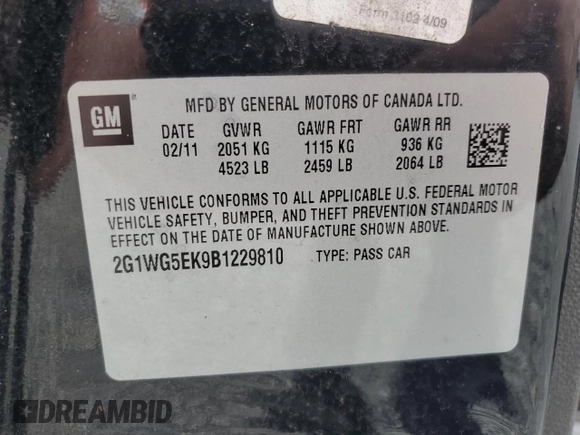 2011 Chevrolet Impala with VIN 2G1WG5EK9B1229810, listed as a Copart auction lot 84966334 with 88,947 mi miles and Salvage Title. Bid and sale history available at DreamBid. Image 12.