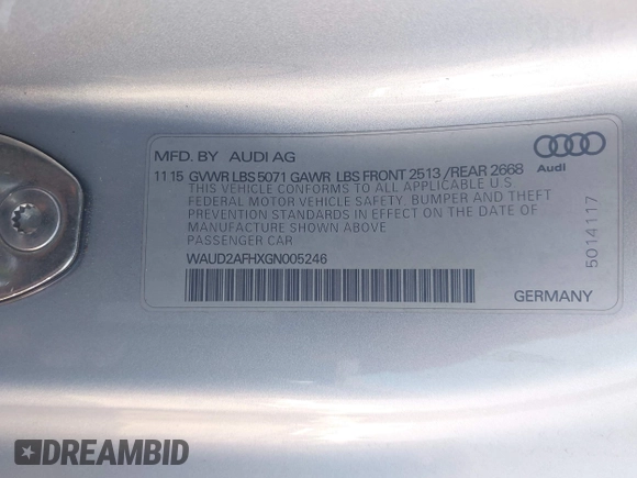 2016 Audi A5 Premium with VIN WAUD2AFHXGN005246, listed as a IAAI auction lot 42595647 with 56,602 mi miles and . Bid and sale history available at DreamBid. Image 9.