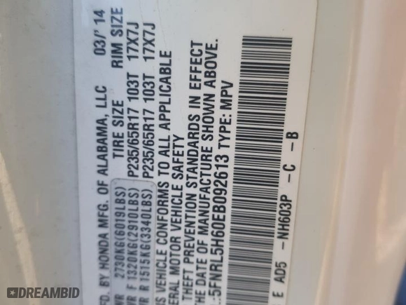 2014 Honda Odyssey EX-L with VIN 5FNRL5H60EB092613, listed as a Copart auction lot 48993705 with 160,421 mi miles and Clean Title. Bid and sale history available at carsss.com. Image 13.