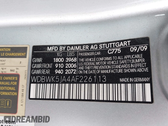 2010 Mercedes-Benz SLK with VIN WDBWK5JA4AF226113, listed as a IAAI auction lot 42109070 with 123,725 mi miles and . Bid and sale history available at DreamBid. Image 9.