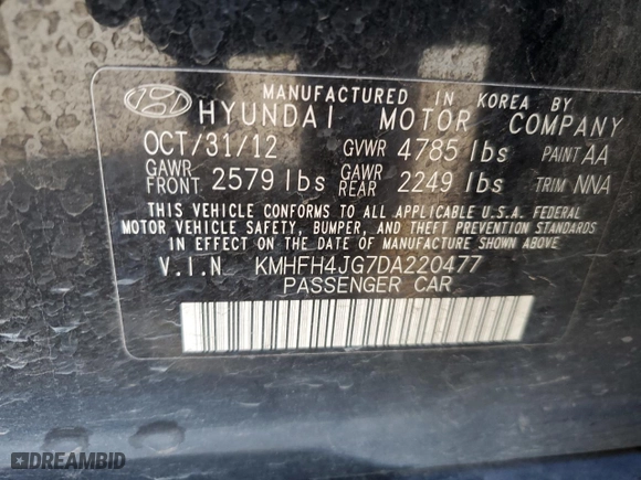 2013 Hyundai Azera with VIN KMHFH4JG7DA220477, listed as a Copart auction lot 69036074 with 126,455 mi miles and Salvage Title. Bid and sale history available at carsss.com. Image 12.