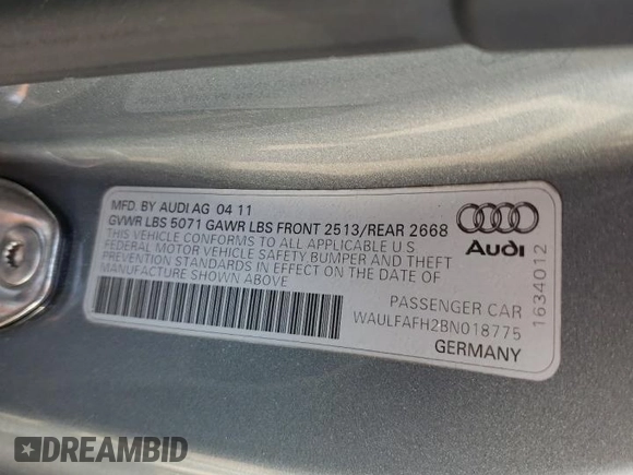 2011 Audi A5 Premium Plus with VIN WAULFAFH2BN018775, listed as a Copart auction lot 55427645 with 93,984 mi miles and Salvage title. Bid and sale history available at DreamBid. Image 12.