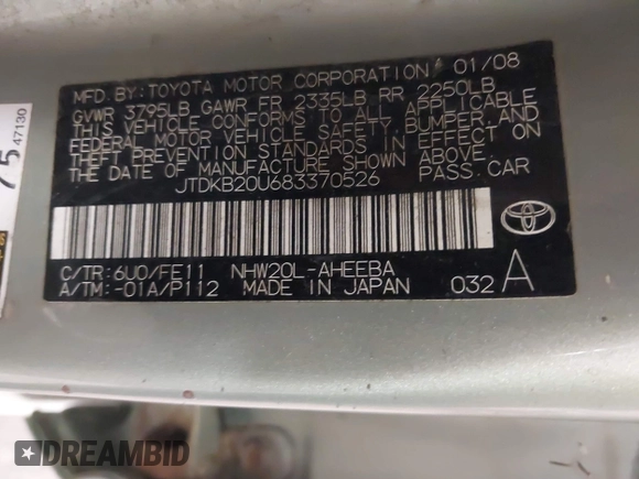 2008 Toyota Prius with VIN JTDKB20U683370526, listed as a IAAI auction lot 42583060 with 270,914 mi miles and . Bid and sale history available at DreamBid. Image 9.