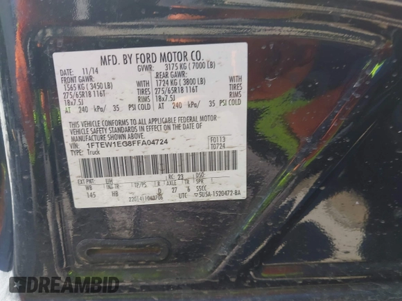 2015 Ford F-150 XLT with VIN 1FTEW1EG8FFA04724, listed as a IAAI auction lot 41884761 with 115,426 mi miles. Bid and sale history available at carsss.com. Image 9.