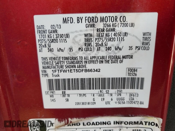 2013 Ford F-150 XL with VIN 1FTFW1ET5DFB66342, listed as a Copart auction lot 63658045 with 195,669 mi miles and Clean title. Bid and sale history available at DreamBid. Image 12.