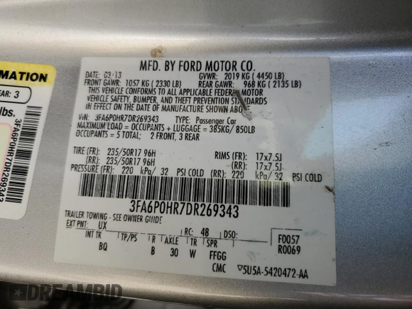 2013 Ford Fusion SE with VIN 3FA6P0HR7DR269343, listed as a Copart auction lot 54991915 with 166,879 mi miles and Clean Title. Bid and sale history available at carsss.com. Image 12.