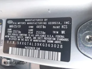 2019 Kia Optima LX with VIN 5XXGT4L39KG363028, listed as a IAAI auction lot 41469740 with 64,321 mi miles. Bid and sale history available at carsss.com. Image 9.