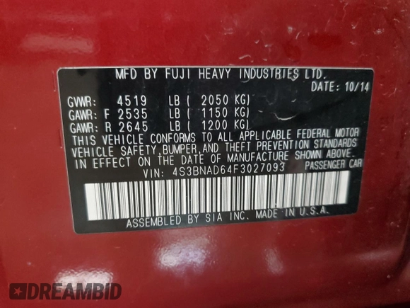 2015 Subaru Legacy Premium с VIN 4S3BNAD64F3027093, выставлен на аукционе Copart как лот 59093675 с пробегом 113 839 миль миль и Чистый • Clean title. История ставок и продаж доступна на DreamBid. Изображение 12.