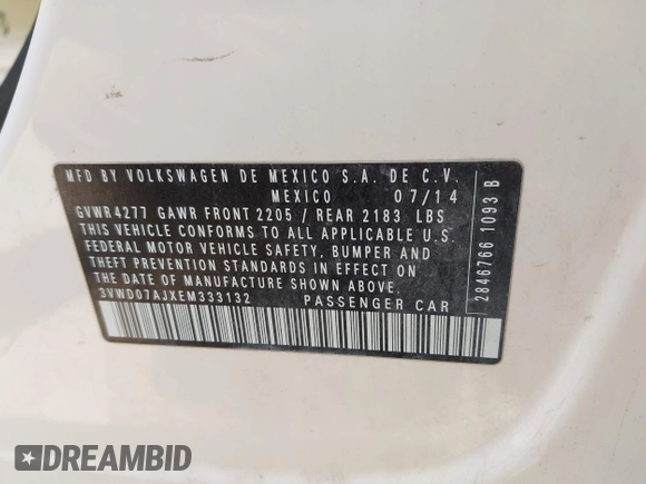 2014 Volkswagen Jetta SE with VIN 3VWD07AJXEM333132, listed as a IAAI auction lot 42637022 with 157,113 mi miles and . Bid and sale history available at DreamBid. Image 9.