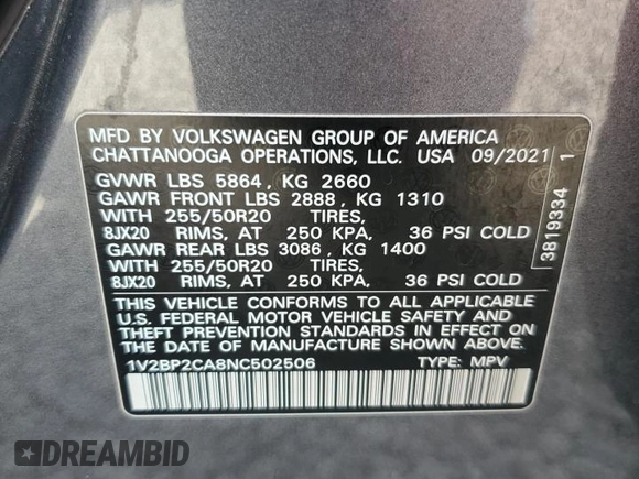 2022 Volkswagen Atlas SEL with VIN 1V2BP2CA8NC502506, listed as a Copart auction lot 70981634 with 34,960 mi miles and Salvage title. Bid and sale history available at DreamBid. Image 13.