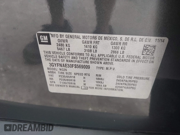 2015 Cadillac SRX with VIN 3GYFNAE30FS569009, listed as a IAAI auction lot 41718522 with 104,448 mi miles and . Bid and sale history available at DreamBid. Image 9.