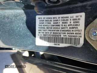 2016 Honda Civic EX-T with VIN 19XFC1F31GE024379, listed as a Copart auction lot 89160135 with 127,111 mi miles and Salvage title. Bid and sale history available at DreamBid. Image 14.