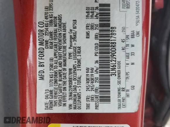 2013 Lincoln MKZ with VIN 3LN6L2J90DR817898, listed as a Copart auction lot 84703814 with 79,335 mi miles and Salvage Title. Bid and sale history available at DreamBid. Image 12.