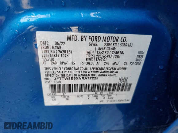 2022 Ford Maverick XL with VIN 3FTTW8E9XNRA77225, listed as a Copart auction lot 42162615 with 43,683 mi miles and Salvage Title. Bid and sale history available at DreamBid. Image 12.