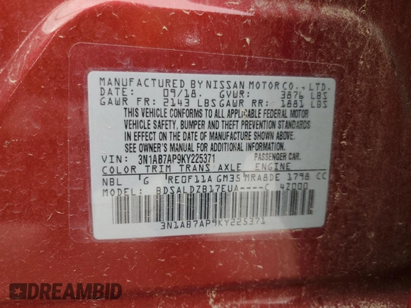 2019 Nissan Sentra SV with VIN 3N1AB7AP9KY225371, listed as a Copart auction lot 48354345 with 92,611 mi miles and Salvage Title. Bid and sale history available at DreamBid. Image 13.