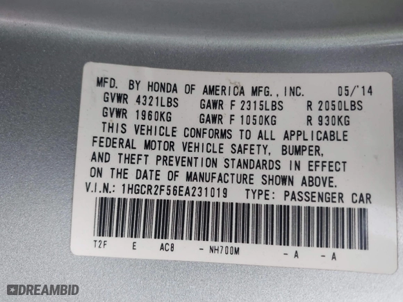 2014 Honda Accord Sedan Sport with VIN 1HGCR2F56EA231019, listed as a IAAI auction lot 41407505 with 134,273 mi miles. Bid and sale history available at carsss.com. Image 9.