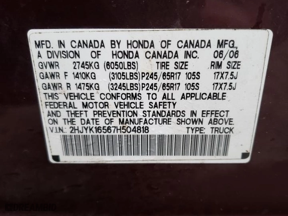 2007 Honda Ridgeline RTL w/Leather with VIN 2HJYK16567H504818, listed as a Copart auction lot 78080324 with 1,596 mi miles and Clean Title. Bid and sale history available at carsss.com. Image 12.